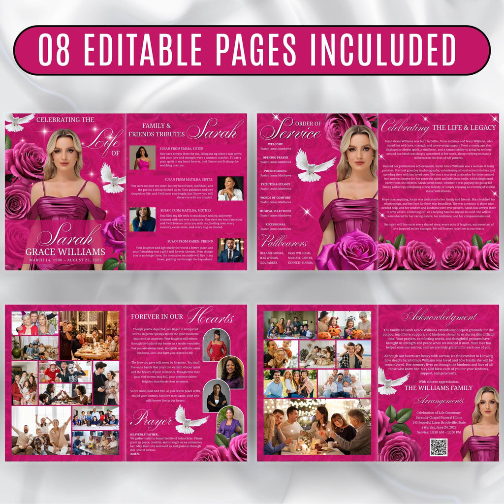 08 Pages Pink Funeral Program Template, Bi-Fold Funeral Program, Obituary Celebration Of Life Program, Digital Download - Editable Memorial Canva Template