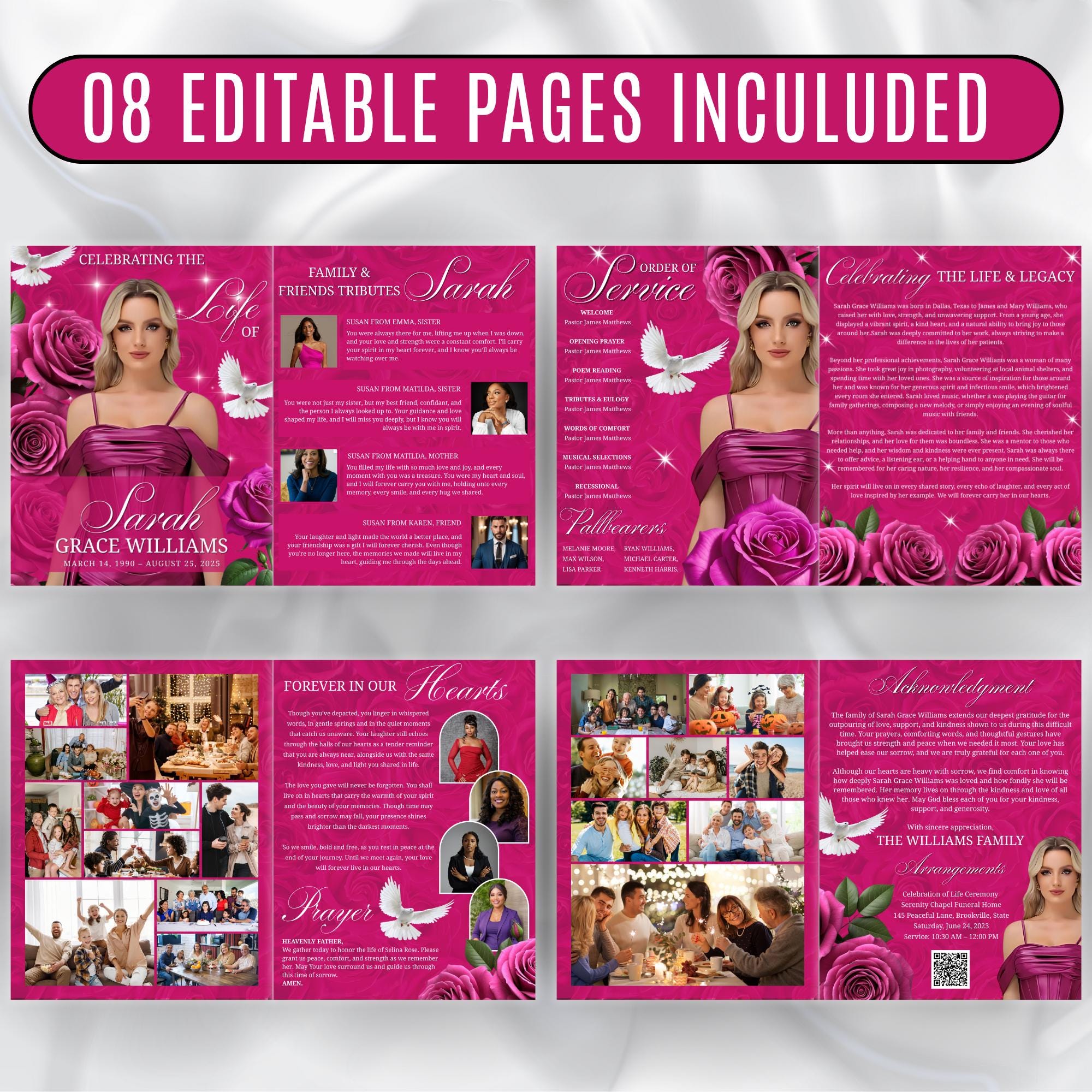 08 Pages Pink Funeral Program Template, Bi-Fold Funeral Program, Obituary Celebration Of Life Program, Digital Download - Editable Memorial Canva Template