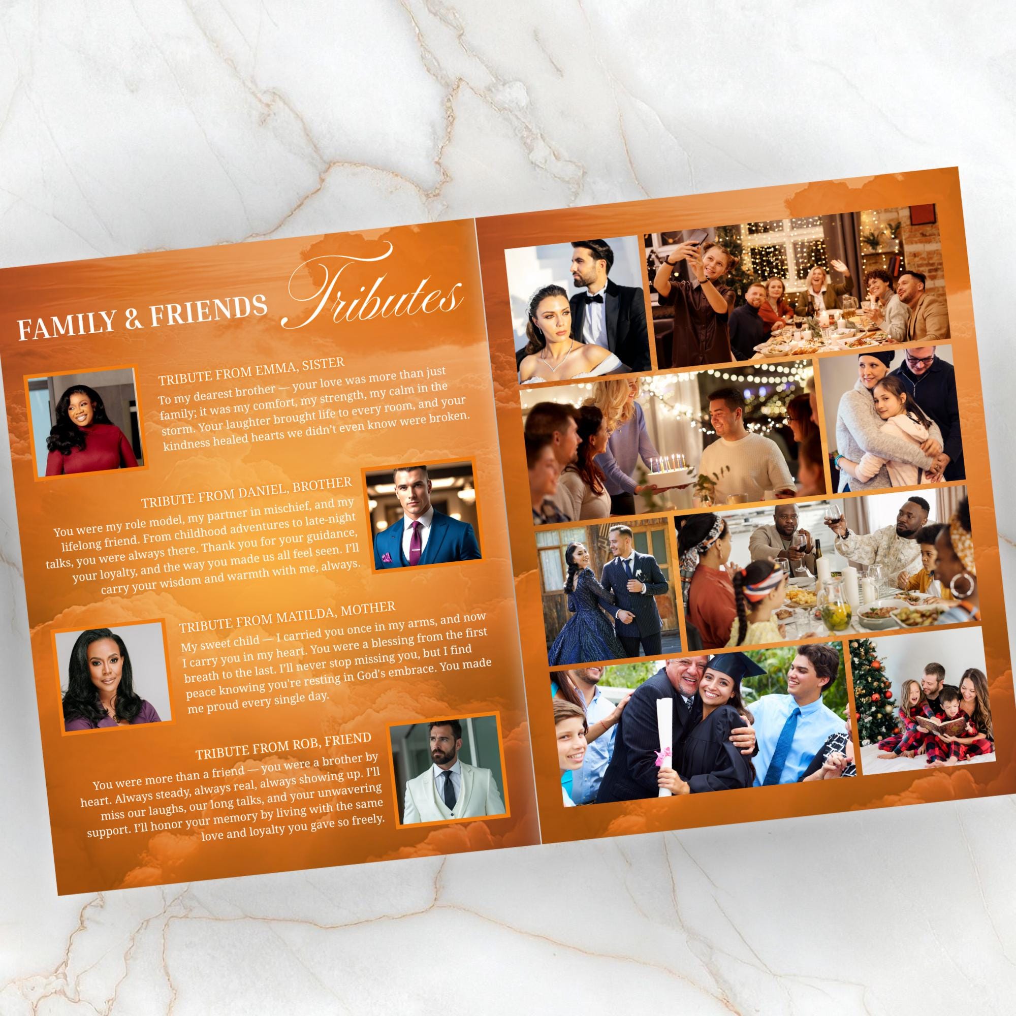 08 Pages Orange Funeral Program Template, Bi-Fold Funeral Program, Obituary Celebration Of Life Program, Digital Download - Editable Memorial Canva Template