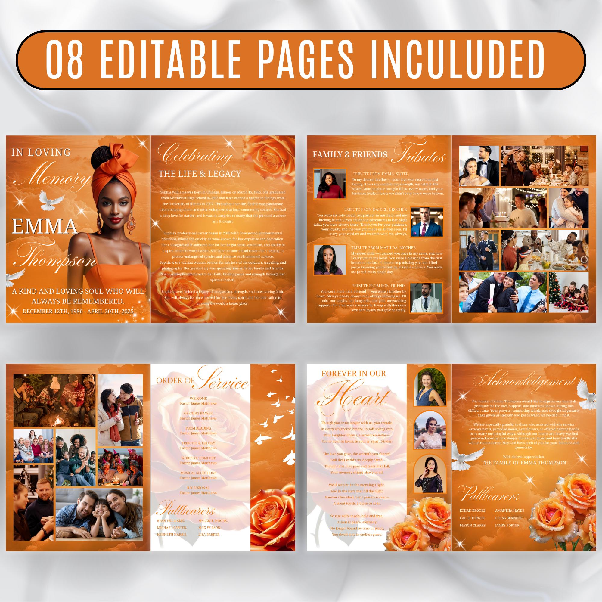 08 Pages Orange Funeral Program Template, Bi-Fold Funeral Program, Obituary Celebration Of Life Program, Digital Download - Editable Memorial Canva Template