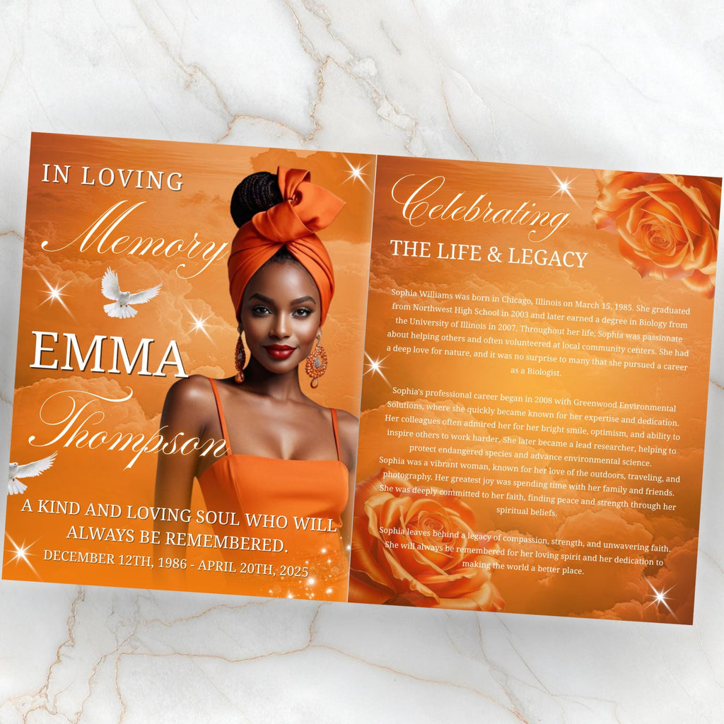 08 Pages Orange Funeral Program Template, Bi-Fold Funeral Program, Obituary Celebration Of Life Program, Digital Download - Editable Memorial Canva Template