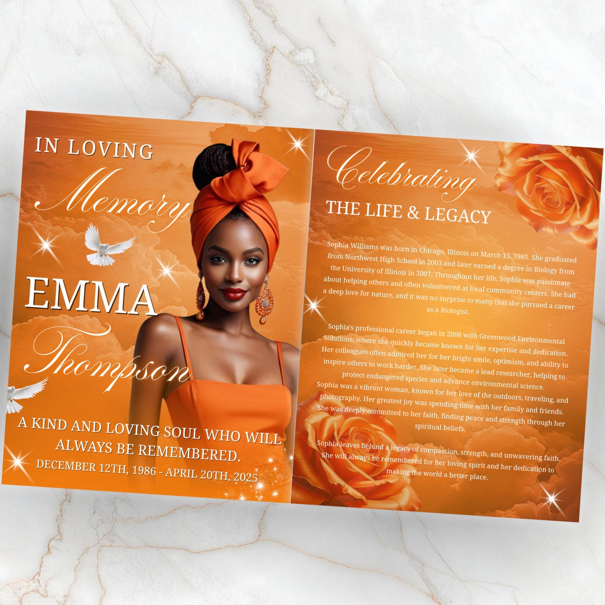 08 Pages Orange Funeral Program Template, Bi-Fold Funeral Program, Obituary Celebration Of Life Program, Digital Download - Editable Memorial Canva Template