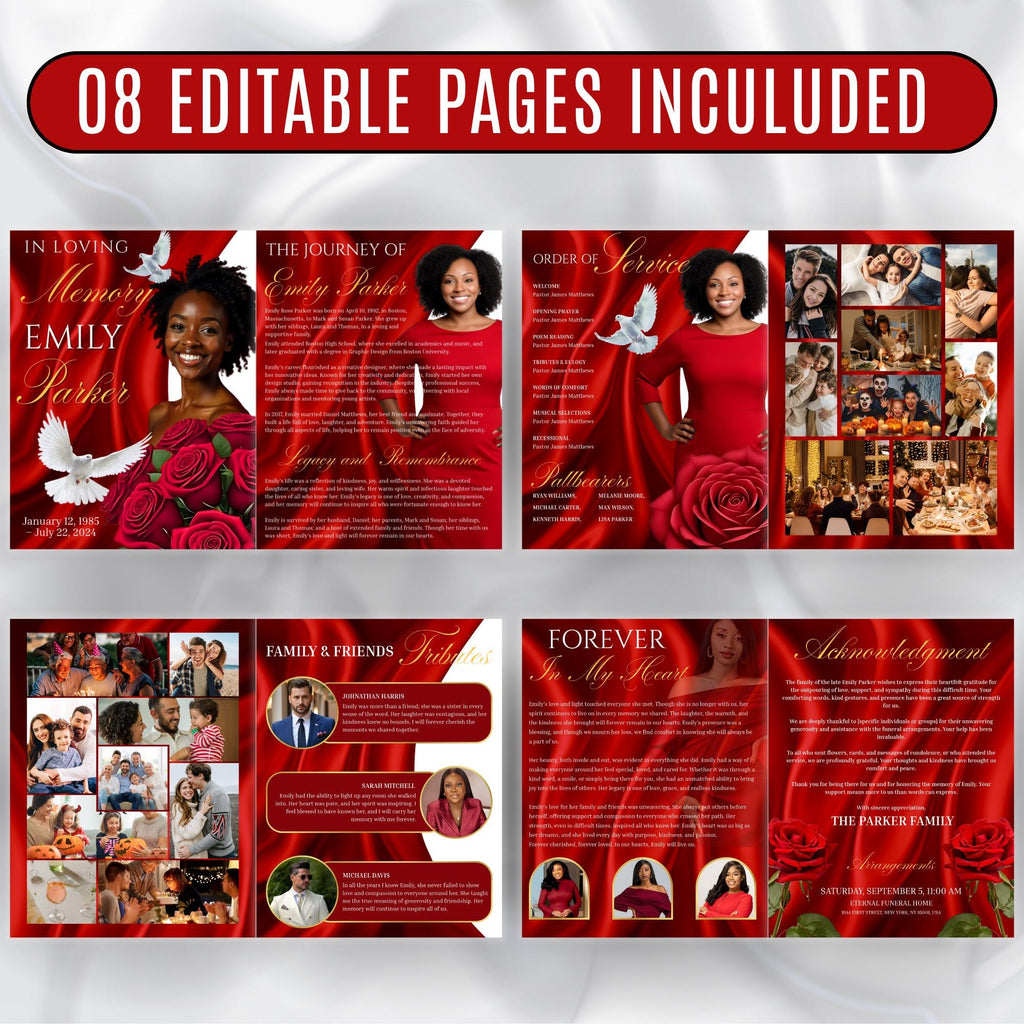08 Pages Red Funeral Program Template, Bi-Fold Funeral Program, Obituary Celebration Of Life Program, Digital Download - Editable Memorial Canva Template