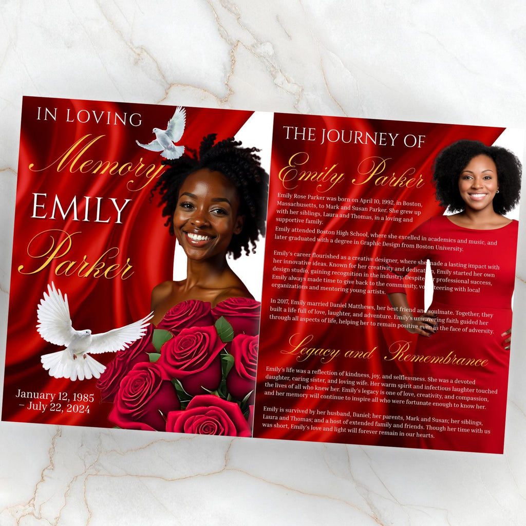 08 Pages Red Funeral Program Template, Bi-Fold Funeral Program, Obituary Celebration Of Life Program, Digital Download - Editable Memorial Canva Template