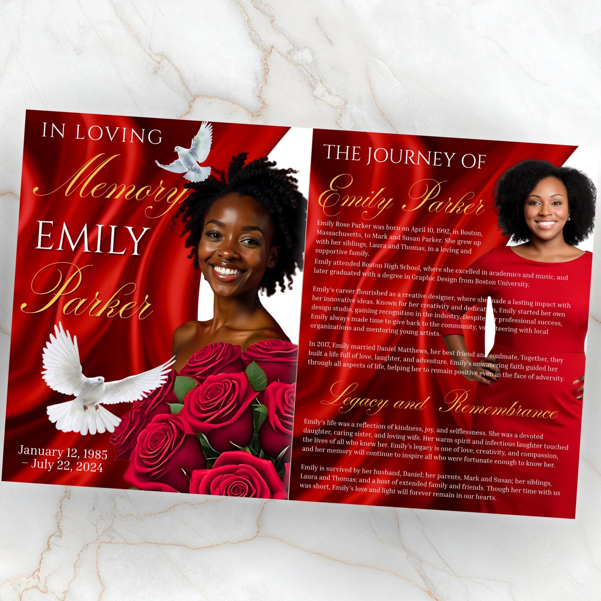 08 Pages Red Funeral Program Template, Bi-Fold Funeral Program, Obituary Celebration Of Life Program, Digital Download - Editable Memorial Canva Template