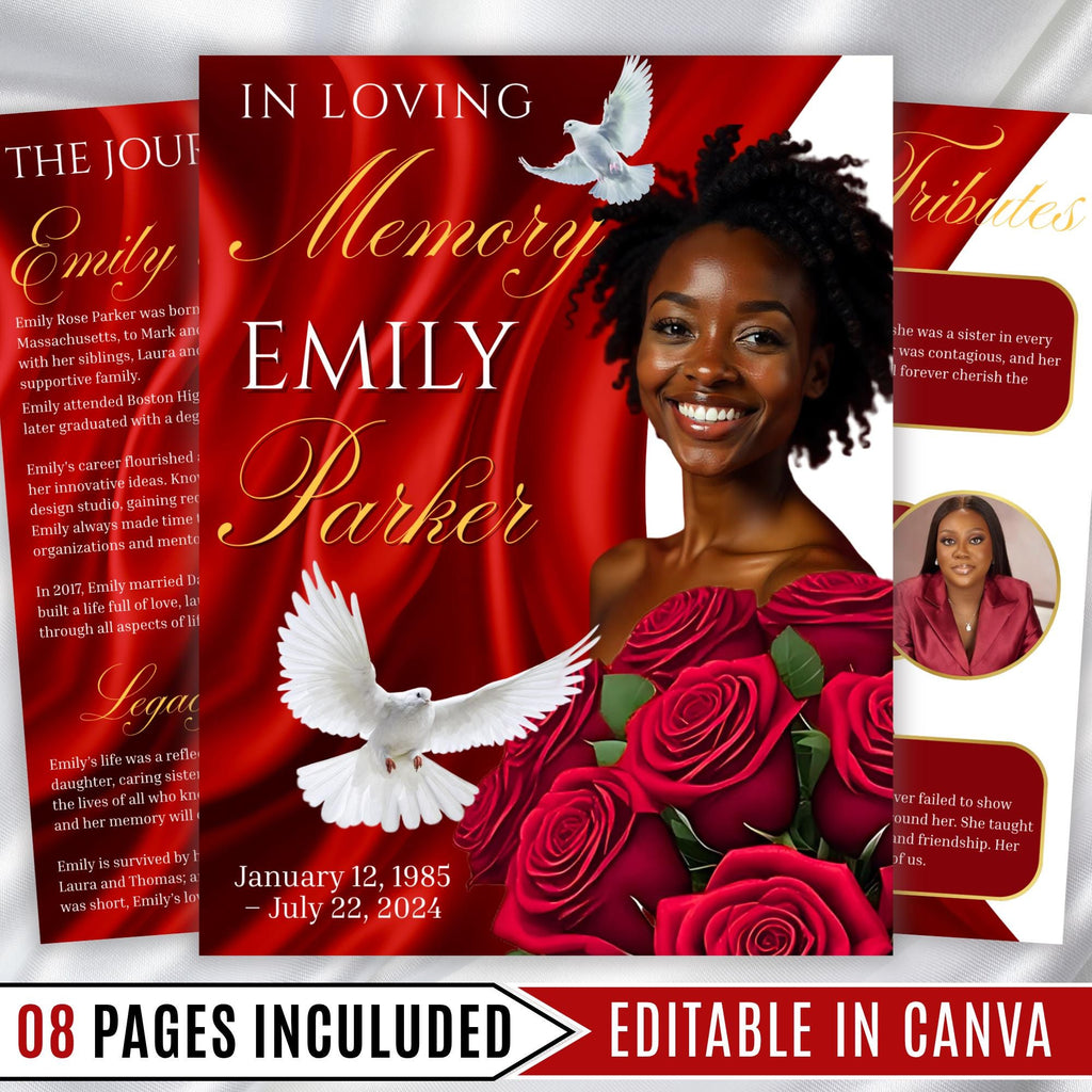 08 Pages Red Funeral Program Template, Bi-Fold Funeral Program, Obituary Celebration Of Life Program, Digital Download - Editable Memorial Canva Template