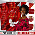 08 Pages Red Funeral Program Template, Bi-Fold Funeral Program, Obituary Celebration Of Life Program, Digital Download - Editable Memorial Canva Template