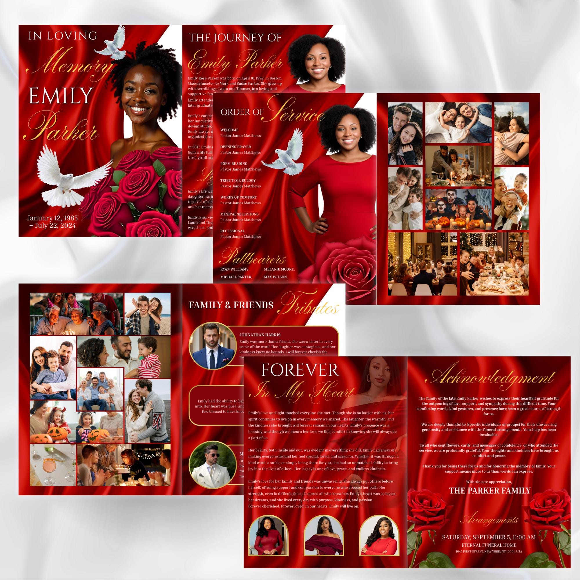 08 Pages Red Funeral Program Template, Bi-Fold Funeral Program, Obituary Celebration Of Life Program, Digital Download - Editable Memorial Canva Template