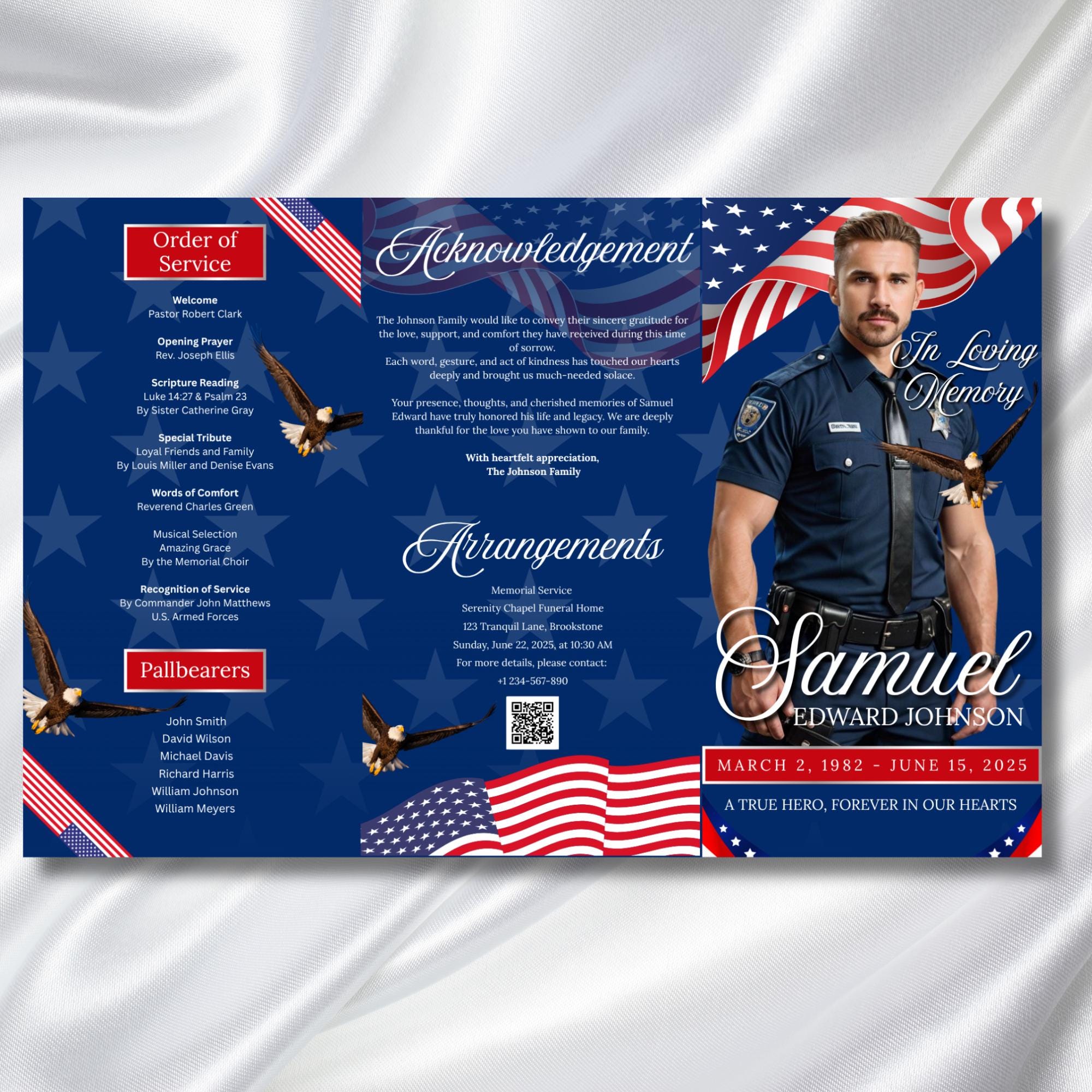 Military Veteran Funeral Program Template, Tri-Fold Funeral Program, Obituary Celebration Of Life Program, Canva Template, Digital Download - Editable Memorial Canva Template