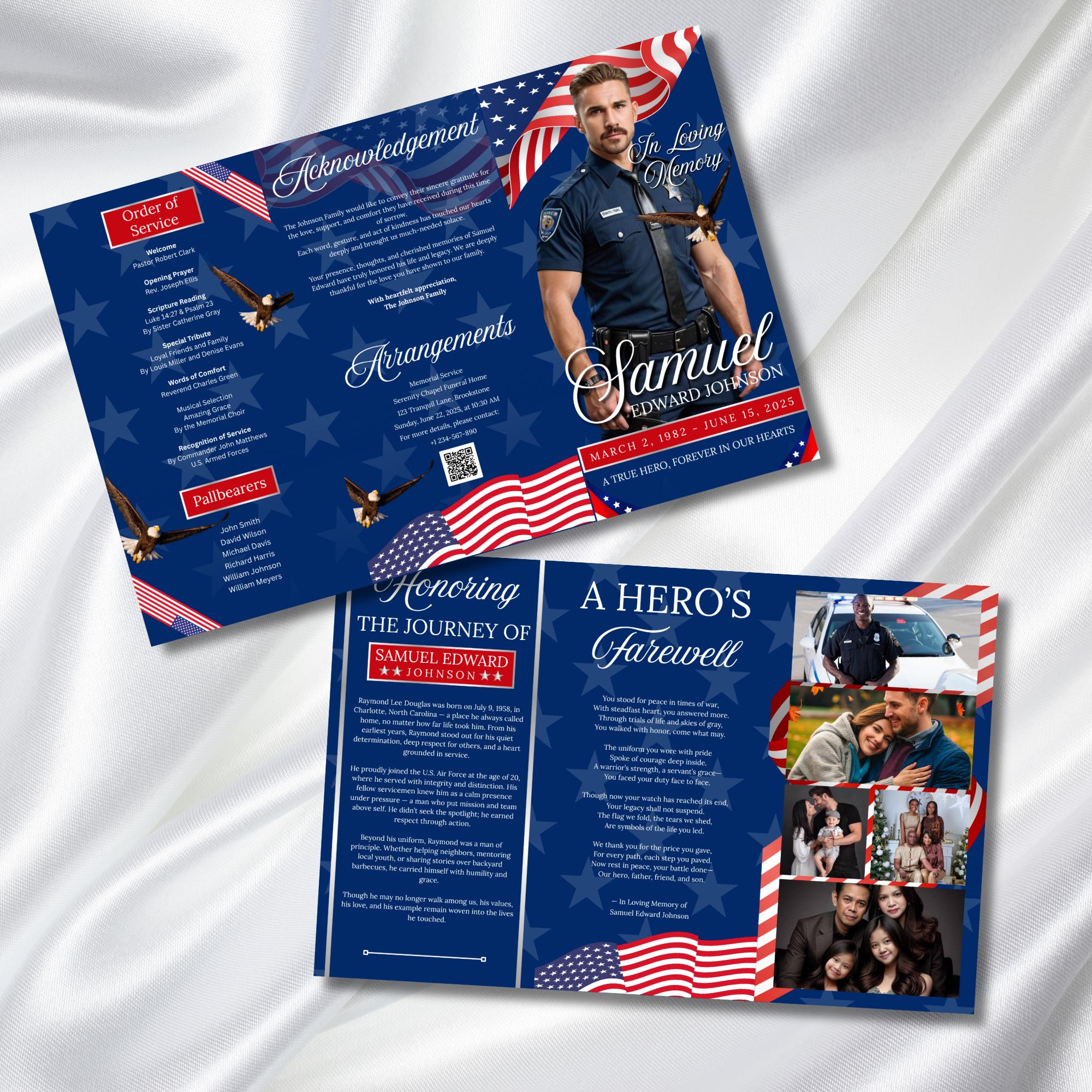 Military Veteran Funeral Program Template, Tri-Fold Funeral Program, Obituary Celebration Of Life Program, Canva Template, Digital Download - Editable Memorial Canva Template