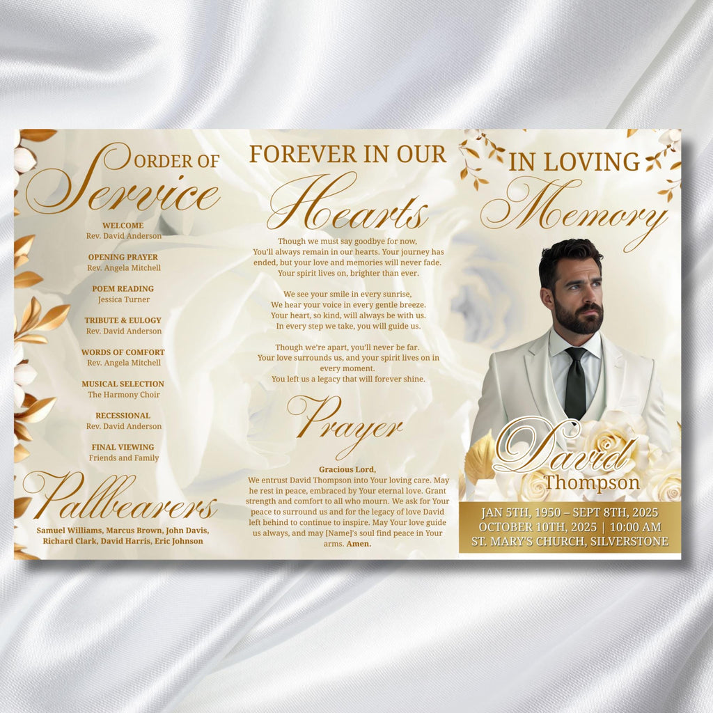 White Funeral Program Editable Template, Tri-Fold Funeral Program, Obituary Celebration Of Life Program, Canva Template, Digital Download - Editable Memorial Canva Template