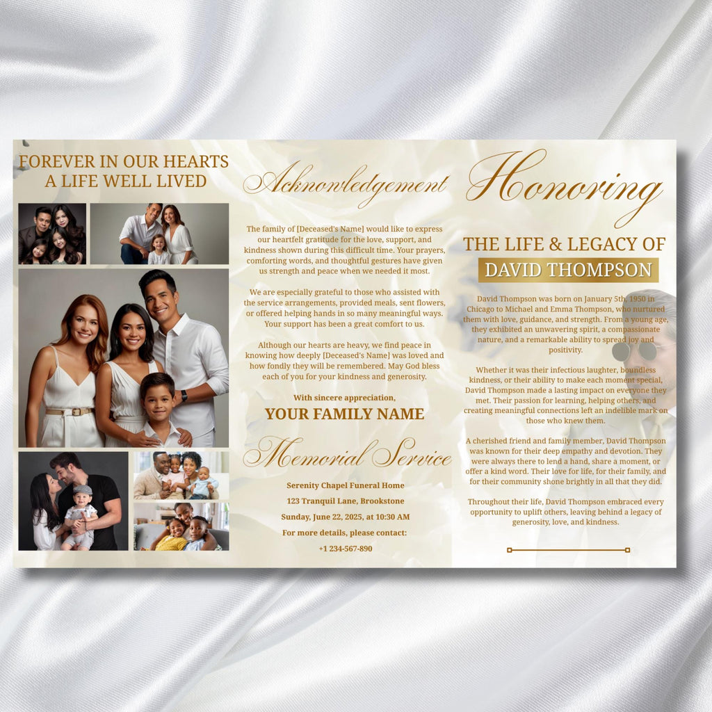 White Funeral Program Editable Template, Tri-Fold Funeral Program, Obituary Celebration Of Life Program, Canva Template, Digital Download - Editable Memorial Canva Template