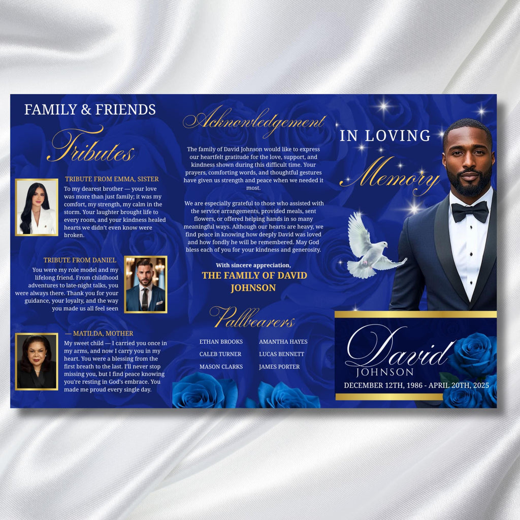 Tri-Fold Elegant Blue & Gold Trifold Funeral Program, Celebration of Life Obituary Program, Memorial Program, In Loving Memory, Editable - Editable Memorial Canva Template