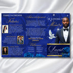 Tri-Fold Elegant Blue & Gold Trifold Funeral Program, Celebration of Life Obituary Program, Memorial Program, In Loving Memory, Editable - Editable Memorial Canva Template