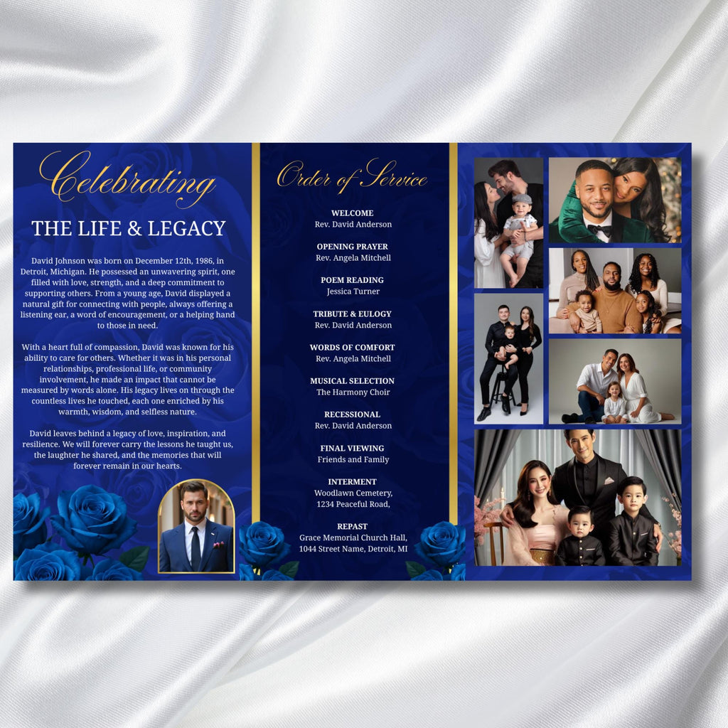 Tri-Fold Elegant Blue & Gold Trifold Funeral Program, Celebration of Life Obituary Program, Memorial Program, In Loving Memory, Editable - Editable Memorial Canva Template