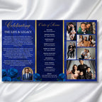 Tri-Fold Elegant Blue & Gold Trifold Funeral Program, Celebration of Life Obituary Program, Memorial Program, In Loving Memory, Editable - Editable Memorial Canva Template