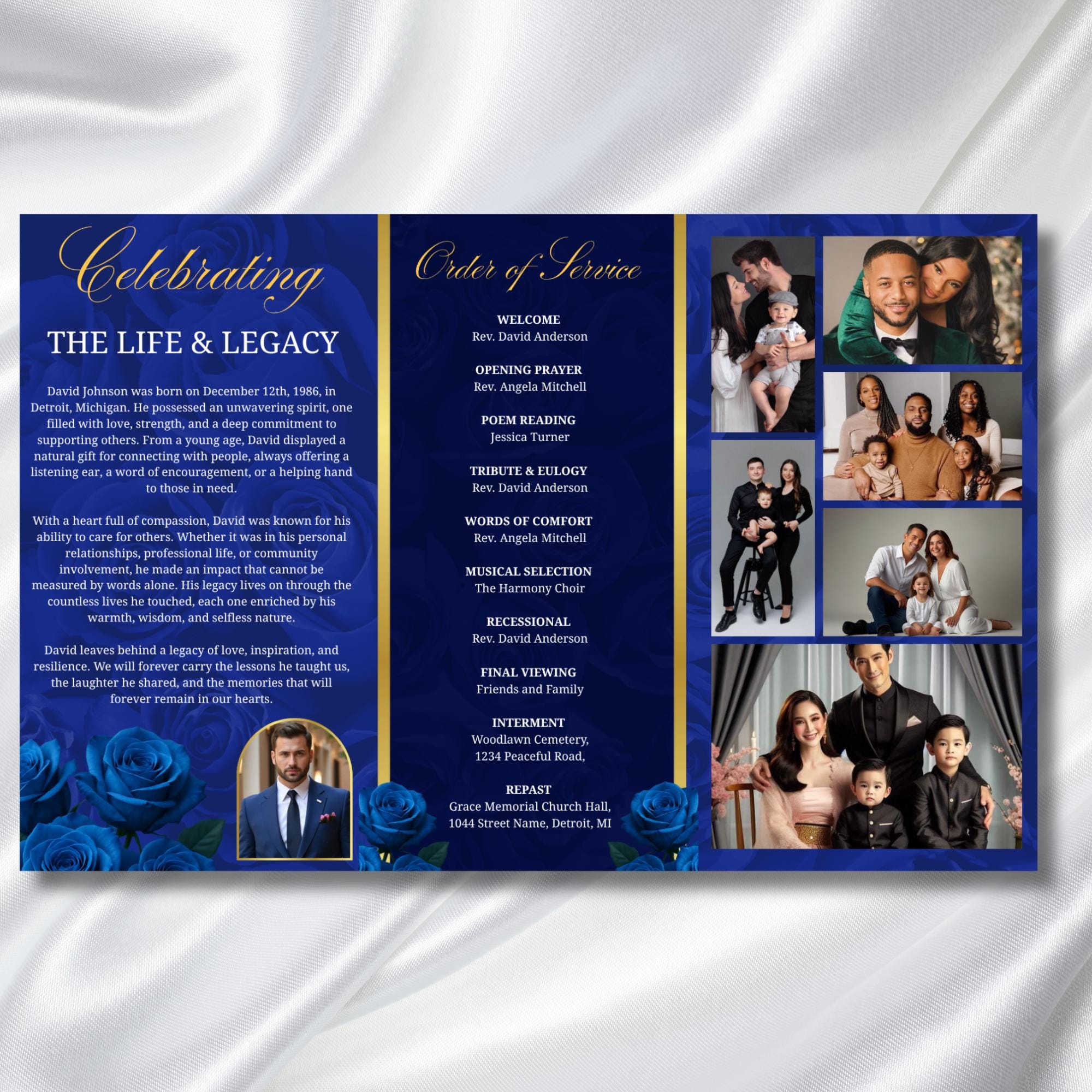 Tri-Fold Elegant Blue & Gold Trifold Funeral Program, Celebration of Life Obituary Program, Memorial Program, In Loving Memory, Editable - Editable Memorial Canva Template