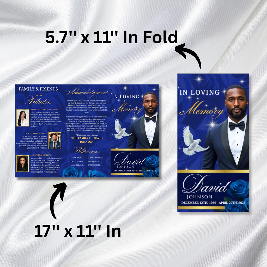 Tri-Fold Elegant Blue & Gold Trifold Funeral Program, Celebration of Life Obituary Program, Memorial Program, In Loving Memory, Editable - Editable Memorial Canva Template