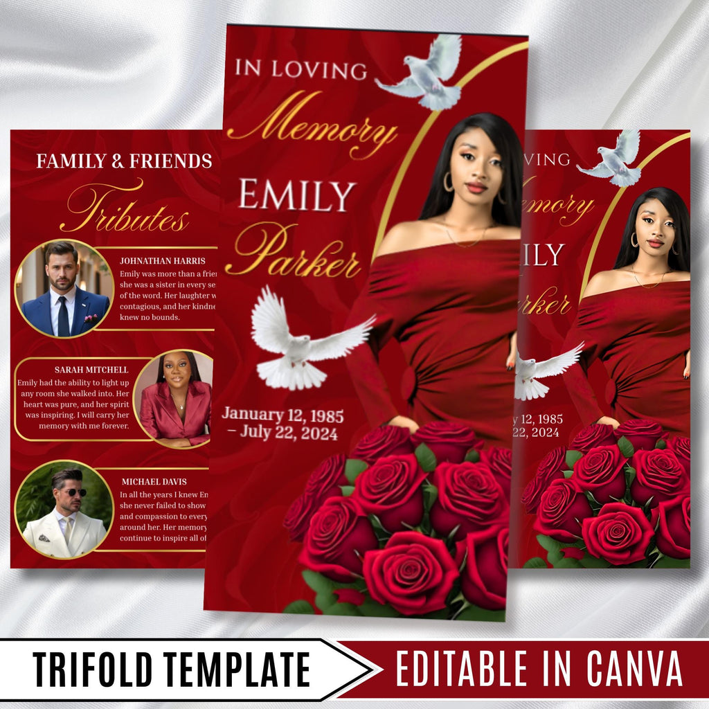 Tri-Fold Red Funeral Program, Celebration of Life Obituary Program, Memorial Program, In Loving Memory, Editable Canva Funeral Templates - Editable Memorial Canva Template