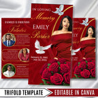 Tri-Fold Red Funeral Program, Celebration of Life Obituary Program, Memorial Program, In Loving Memory, Editable Canva Funeral Templates - Editable Memorial Canva Template