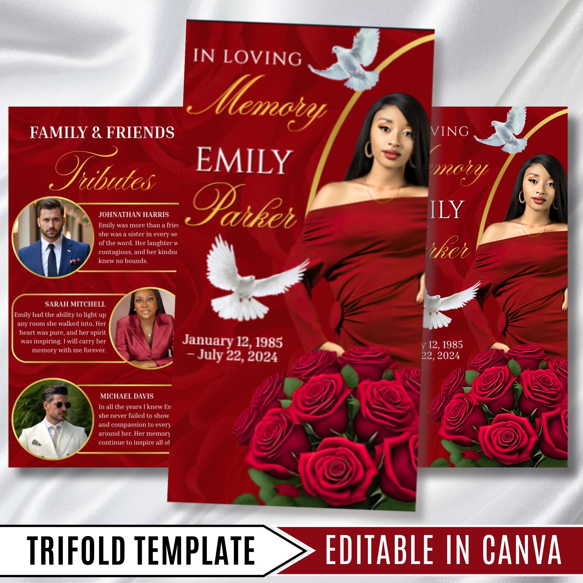 Tri-Fold Red Funeral Program, Celebration of Life Obituary Program, Memorial Program, In Loving Memory, Editable Canva Funeral Templates - Editable Memorial Canva Template