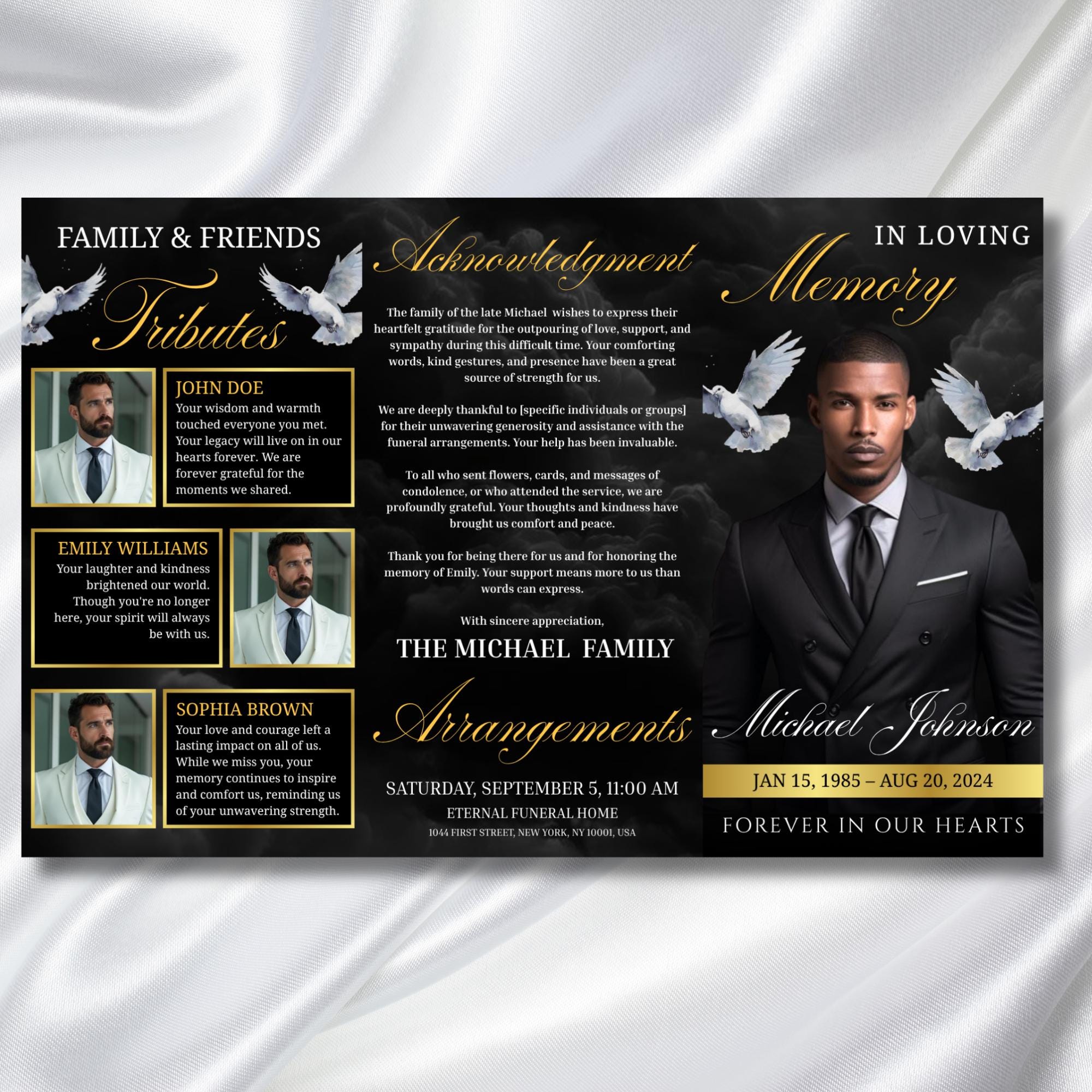 Black & Gold Funeral Program Template, Tri-Fold(17x11) Funeral Program, Obituary Celebration Of Life Program, In Loving Memory Templates - Editable Memorial Canva Template