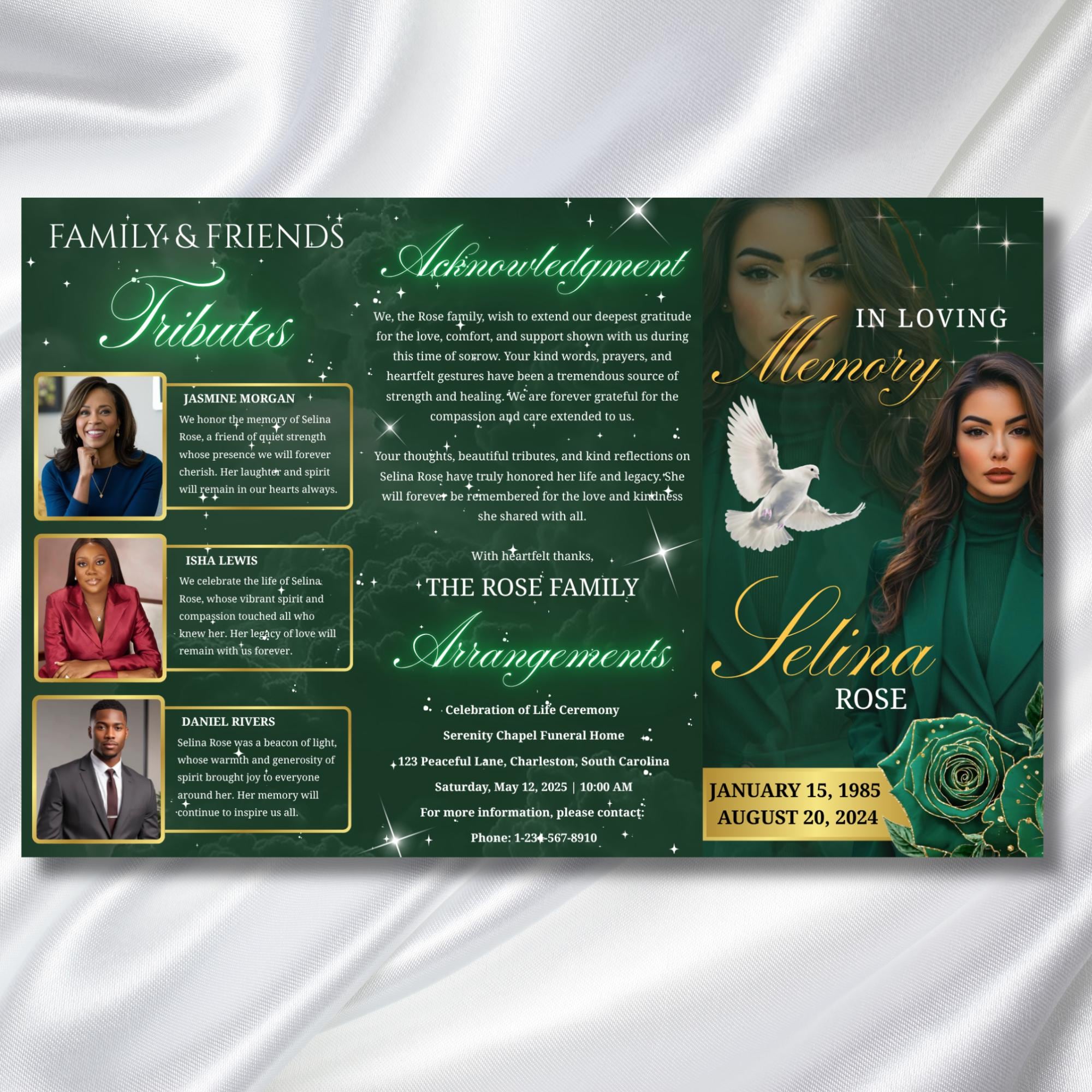 Green & Gold Funeral Program Template, Tri-Fold(17x11) Funeral Program, Obituary Celebration Of Life Program, In Loving Memory Templates - Editable Memorial Canva Template