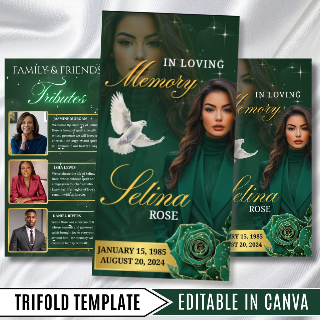 Green & Gold Funeral Program Template, Tri-Fold(17x11) Funeral Program, Obituary Celebration Of Life Program, In Loving Memory Templates - Editable Memorial Canva Template