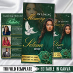 Green & Gold Funeral Program Template, Tri-Fold(17x11) Funeral Program, Obituary Celebration Of Life Program, In Loving Memory Templates - Editable Memorial Canva Template