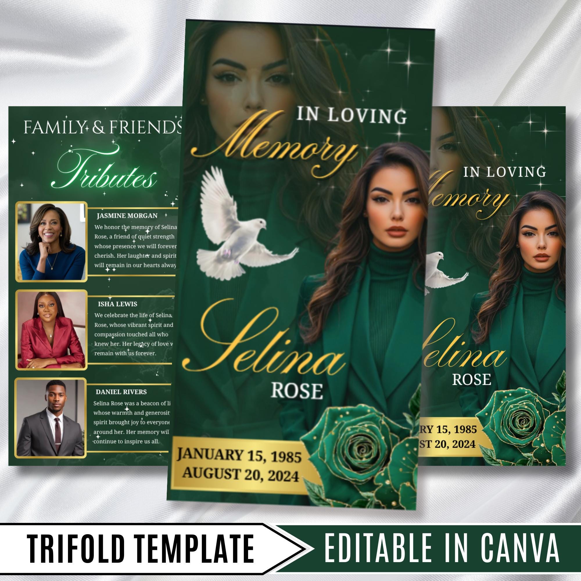Green & Gold Funeral Program Template, Tri-Fold(17x11) Funeral Program, Obituary Celebration Of Life Program, In Loving Memory Templates - Editable Memorial Canva Template