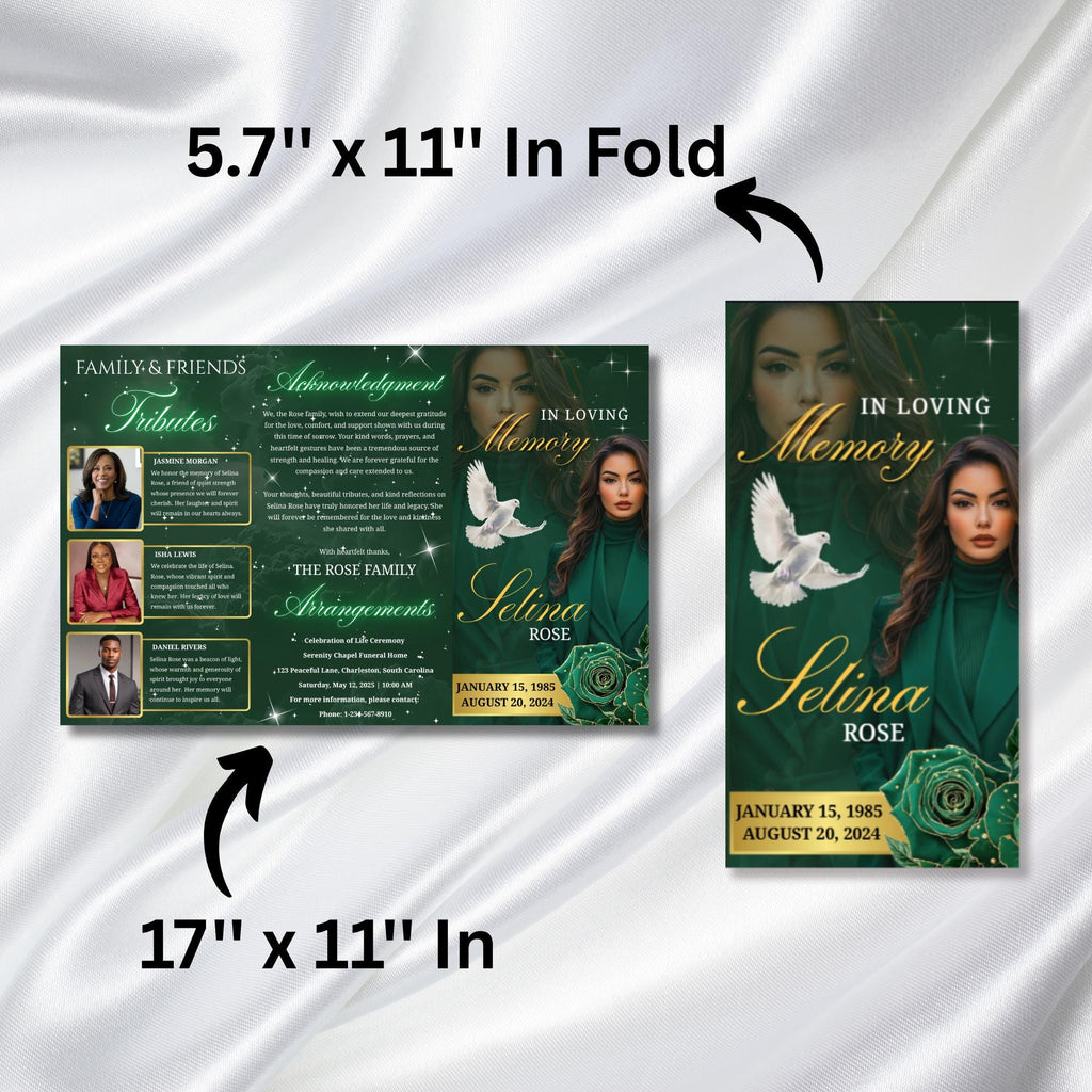 Green & Gold Funeral Program Template, Tri-Fold(17x11) Funeral Program, Obituary Celebration Of Life Program, In Loving Memory Templates - Editable Memorial Canva Template