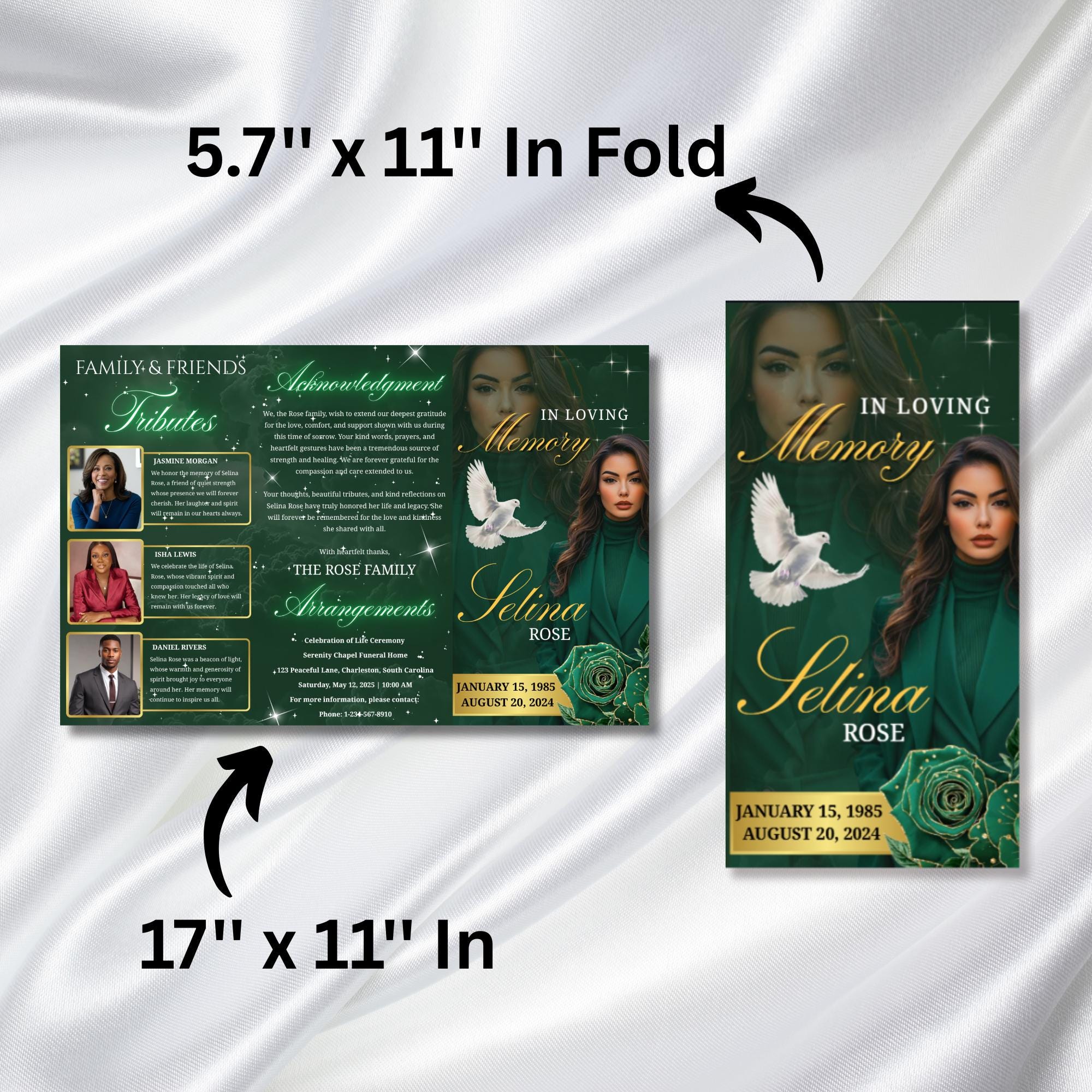 Green & Gold Funeral Program Template, Tri-Fold(17x11) Funeral Program, Obituary Celebration Of Life Program, In Loving Memory Templates - Editable Memorial Canva Template