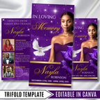 Purple & Gold Funeral Program Template, Tri-Fold(17x11) Funeral Program, Obituary Celebration Of Life Program, In Loving Memory Templates - Editable Memorial Canva Template