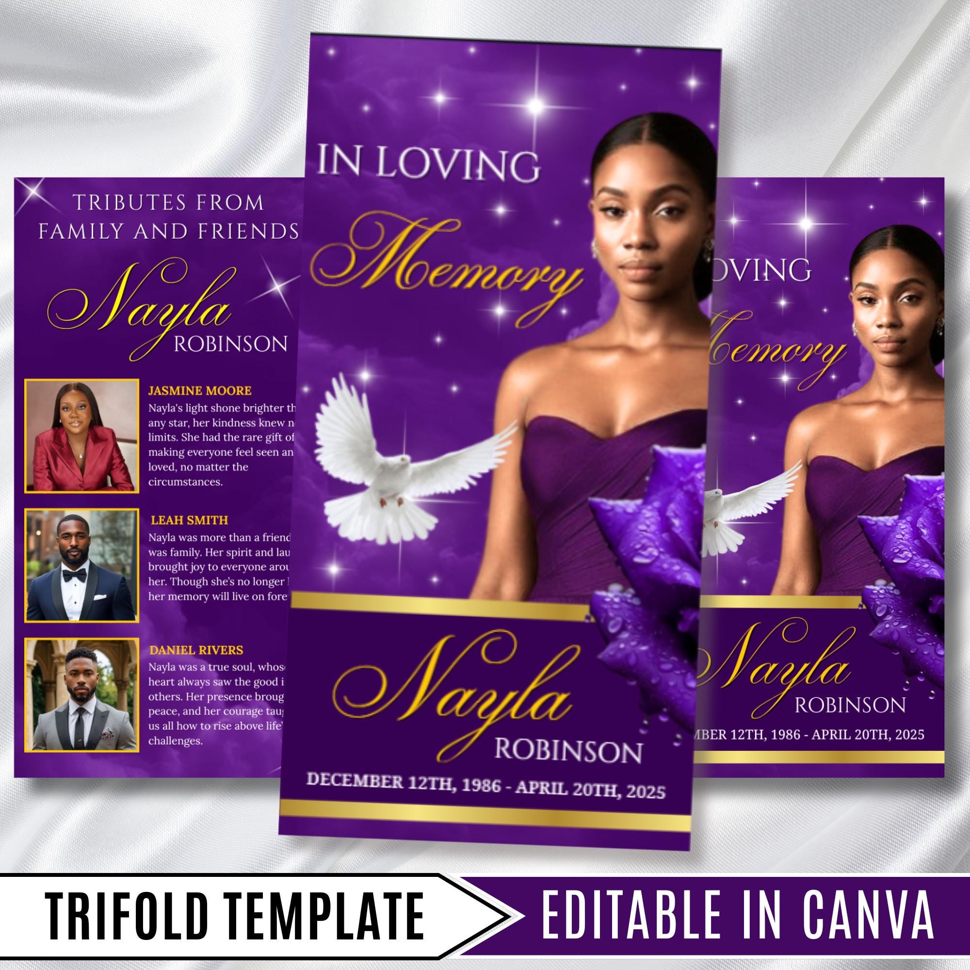 Purple & Gold Funeral Program Template, Tri-Fold(17x11) Funeral Program, Obituary Celebration Of Life Program, In Loving Memory Templates - Editable Memorial Canva Template