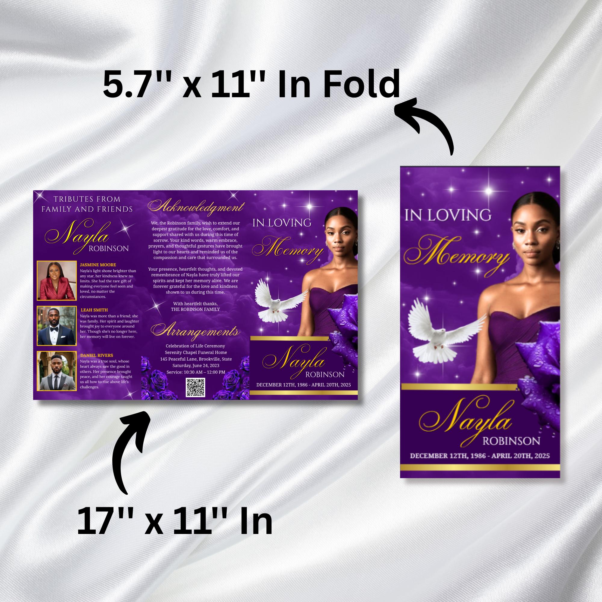 Purple & Gold Funeral Program Template, Tri-Fold(17x11) Funeral Program, Obituary Celebration Of Life Program, In Loving Memory Templates - Editable Memorial Canva Template