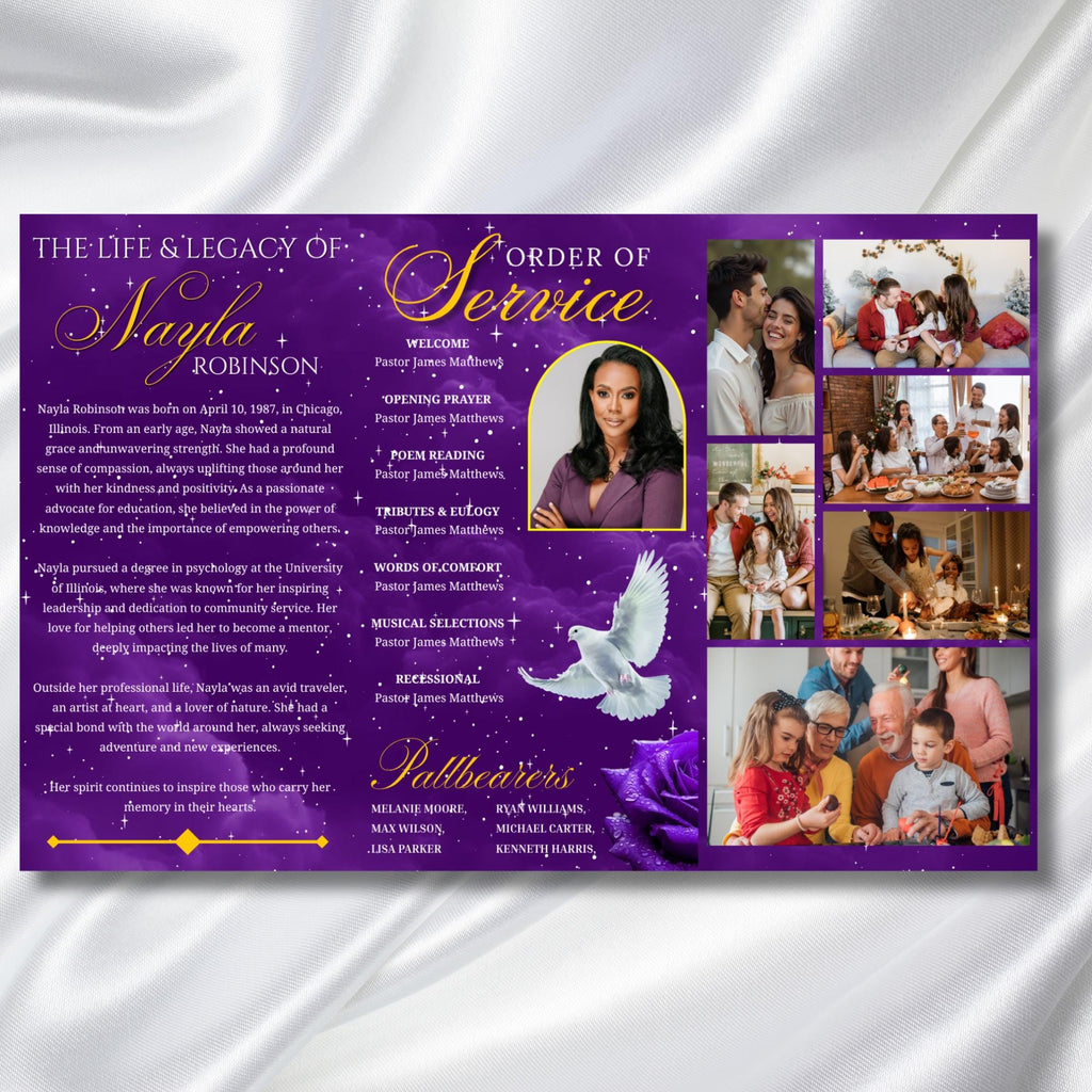 Purple & Gold Funeral Program Template, Tri-Fold(17x11) Funeral Program, Obituary Celebration Of Life Program, In Loving Memory Templates - Editable Memorial Canva Template