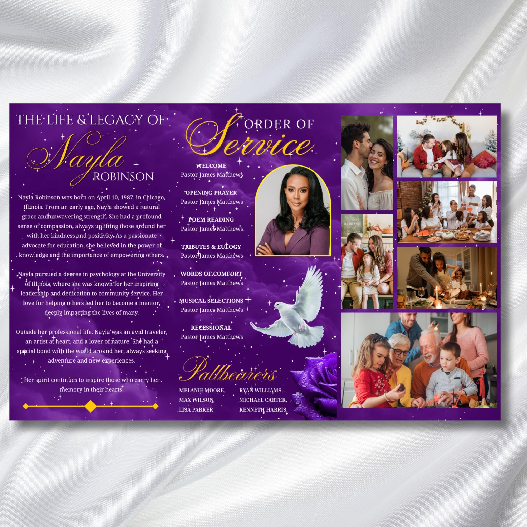 Purple & Gold Funeral Program Template, Tri-Fold(17x11) Funeral Program, Obituary Celebration Of Life Program, In Loving Memory Templates - Editable Memorial Canva Template