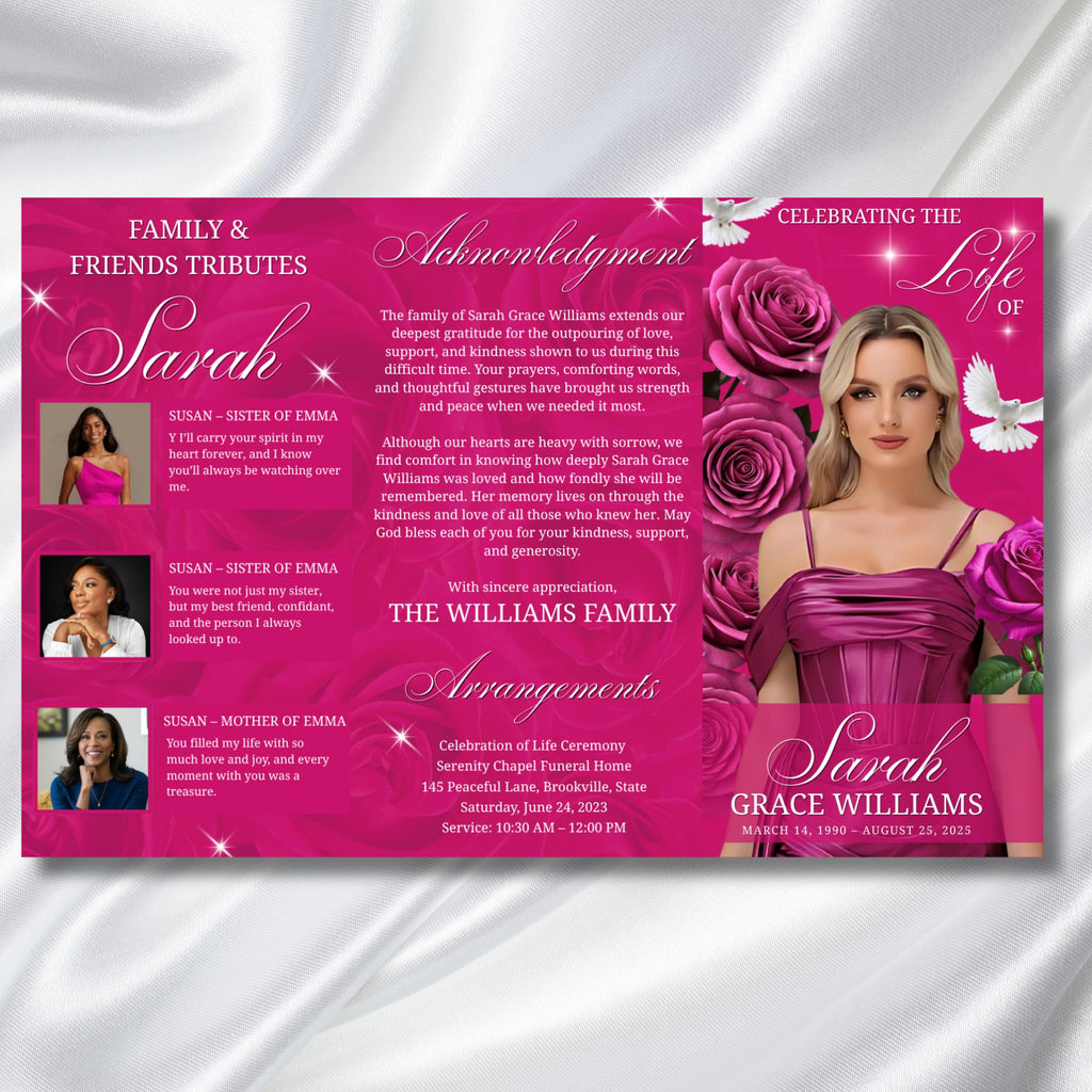 Pink Funeral Program Editable Template, Tri-Fold(17x11) Funeral Program, Obituary Celebration Of Life Program, In Loving Memory Templates - Editable Memorial Canva Template