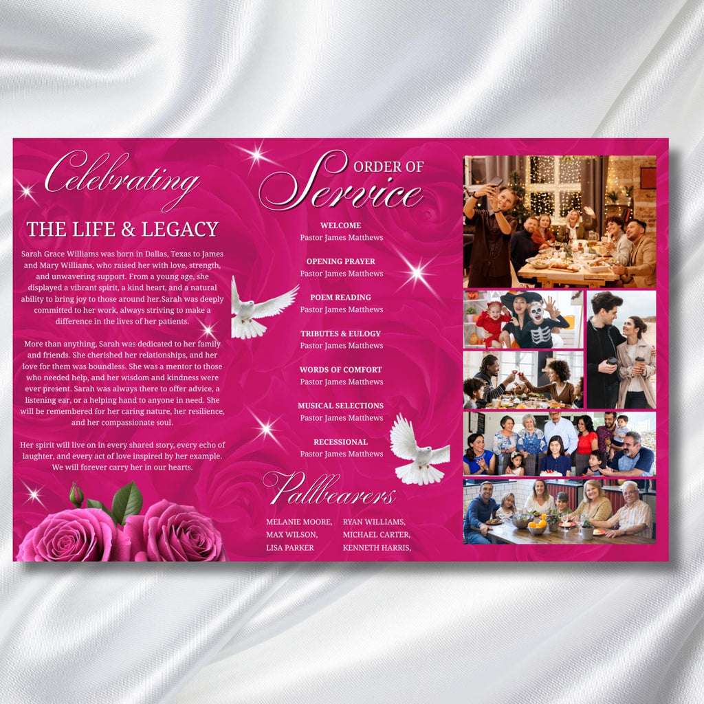 Pink Funeral Program Editable Template, Tri-Fold(17x11) Funeral Program, Obituary Celebration Of Life Program, In Loving Memory Templates - Editable Memorial Canva Template