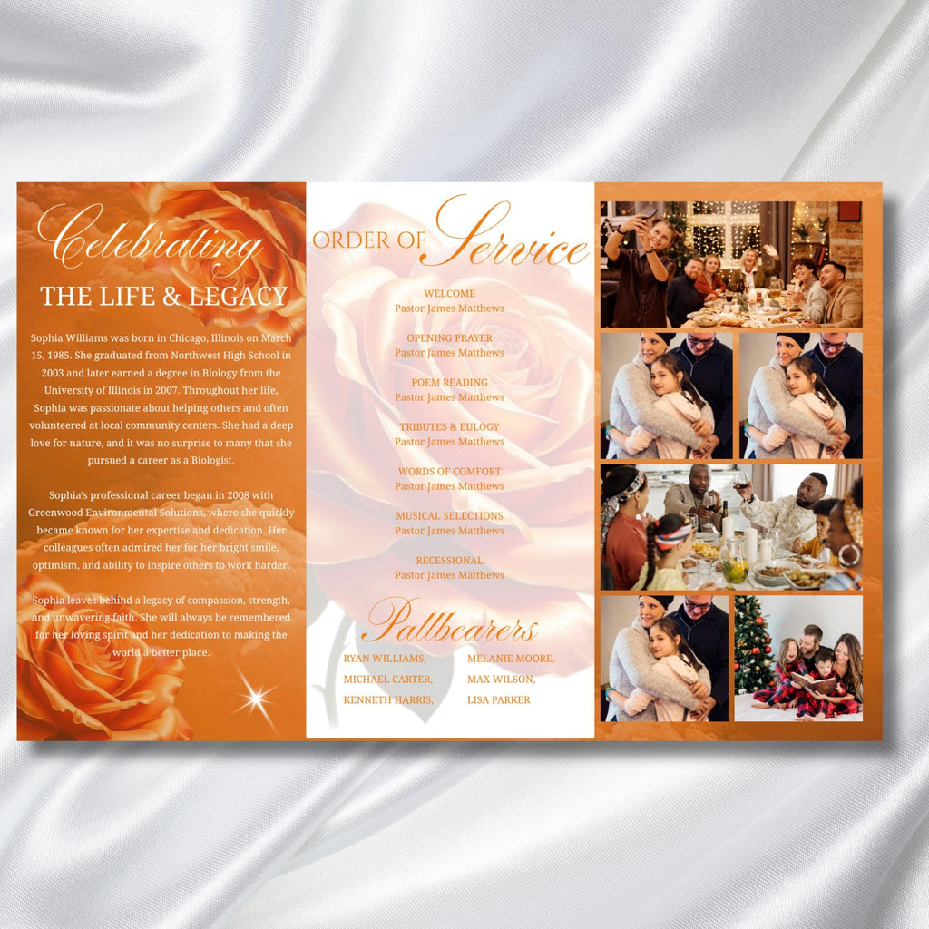 Orange Funeral Program Editable Template, Tri-Fold(17x11) Funeral Program, Obituary Celebration Of Life Program, In Loving Memory Templates - Editable Memorial Canva Template