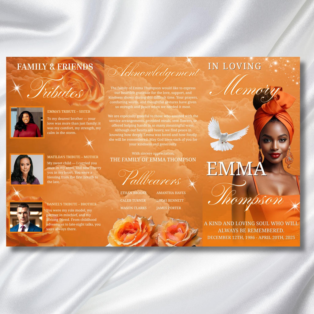 Orange Funeral Program Editable Template, Tri-Fold(17x11) Funeral Program, Obituary Celebration Of Life Program, In Loving Memory Templates - Editable Memorial Canva Template