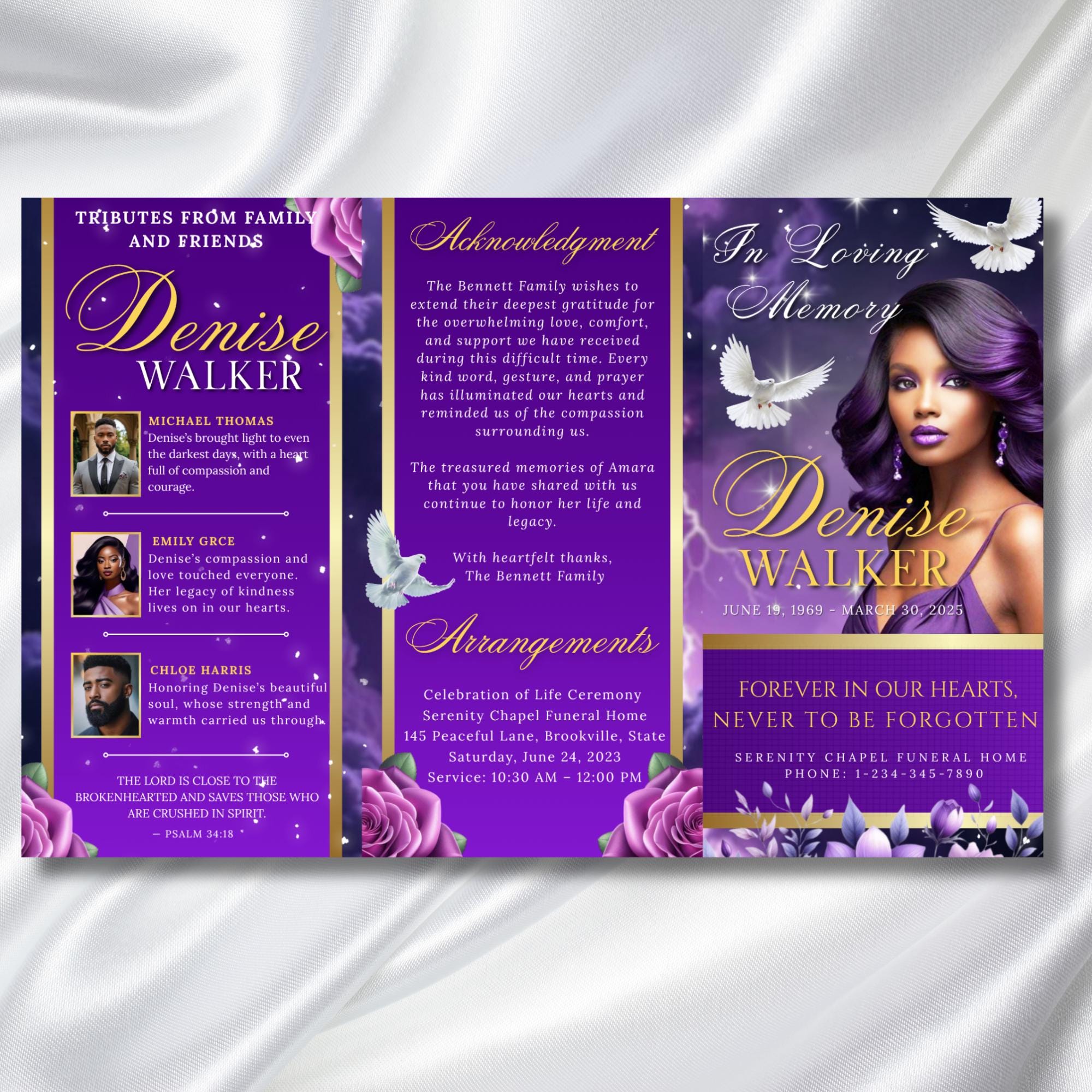 Blue & Gold Funeral Program Template, Tri-Fold(17x11) Funeral Program, Obituary Celebration Of Life Program, In Loving Memory Templates - Editable Memorial Canva Template