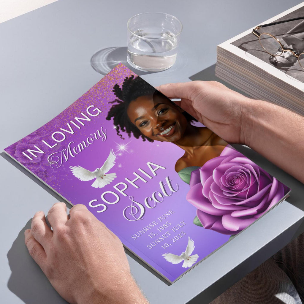 08 Pages Purple Funeral Program Template, Bi-Fold Funeral Program, Obituary Celebration Of Life Program, Digital Download - Editable Memorial Canva Template