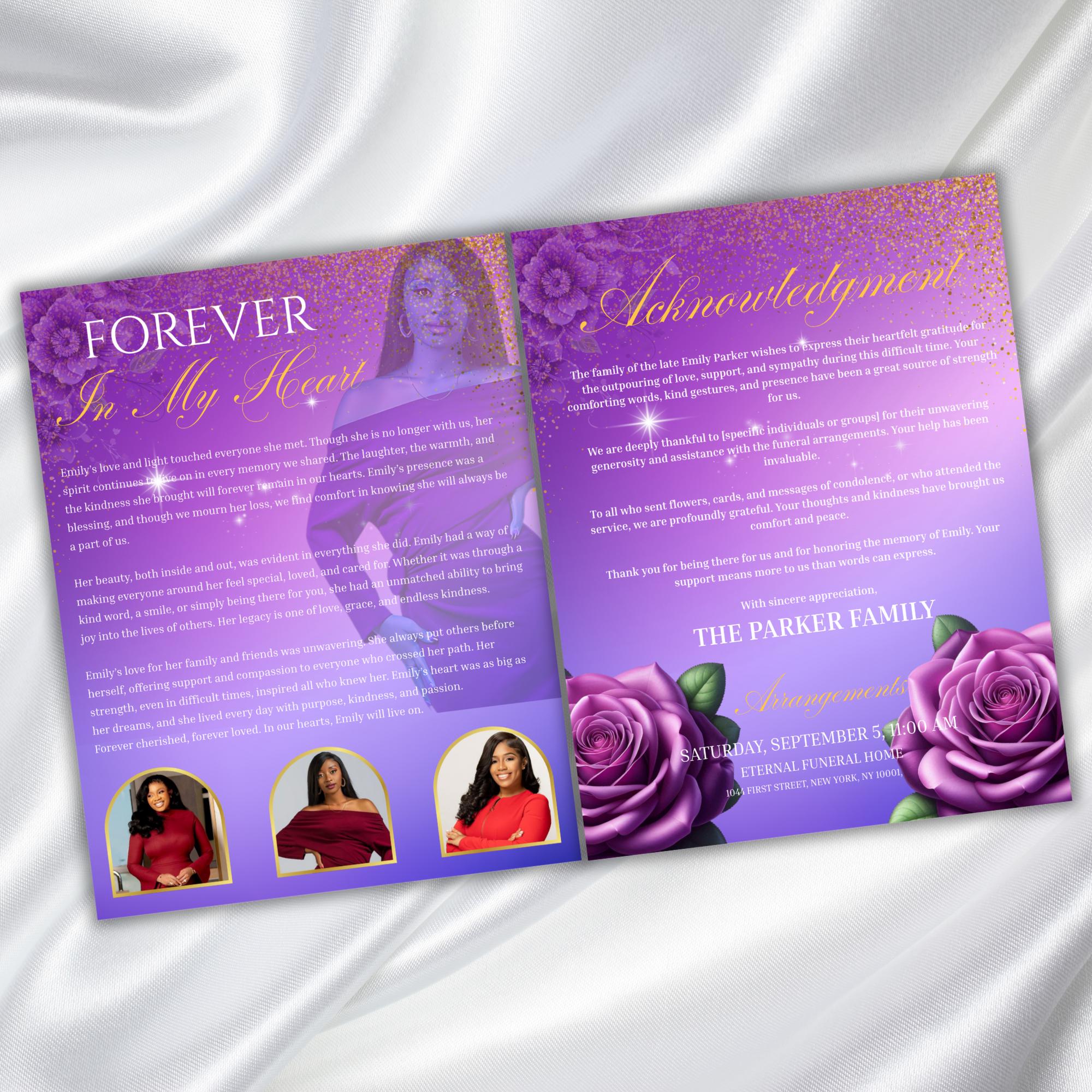 08 Pages Purple Funeral Program Template, Bi-Fold Funeral Program, Obituary Celebration Of Life Program, Digital Download - Editable Memorial Canva Template