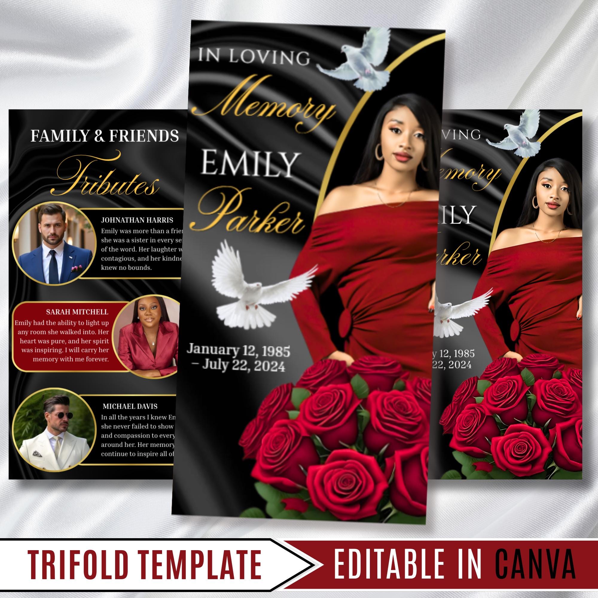 Red & Black Funeral Program Template, Tri-Fold(17x11) Funeral Program, Obituary Celebration Of Life Program, In Loving Memory Templates - Editable Memorial Canva Template