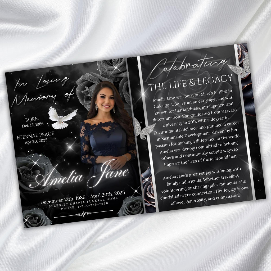 08 Pages Black Roses Funeral Program Template, Bi-Fold Funeral Program, In Loving Memory, Obituary Celebration Of Life Program - Editable Memorial Canva Template