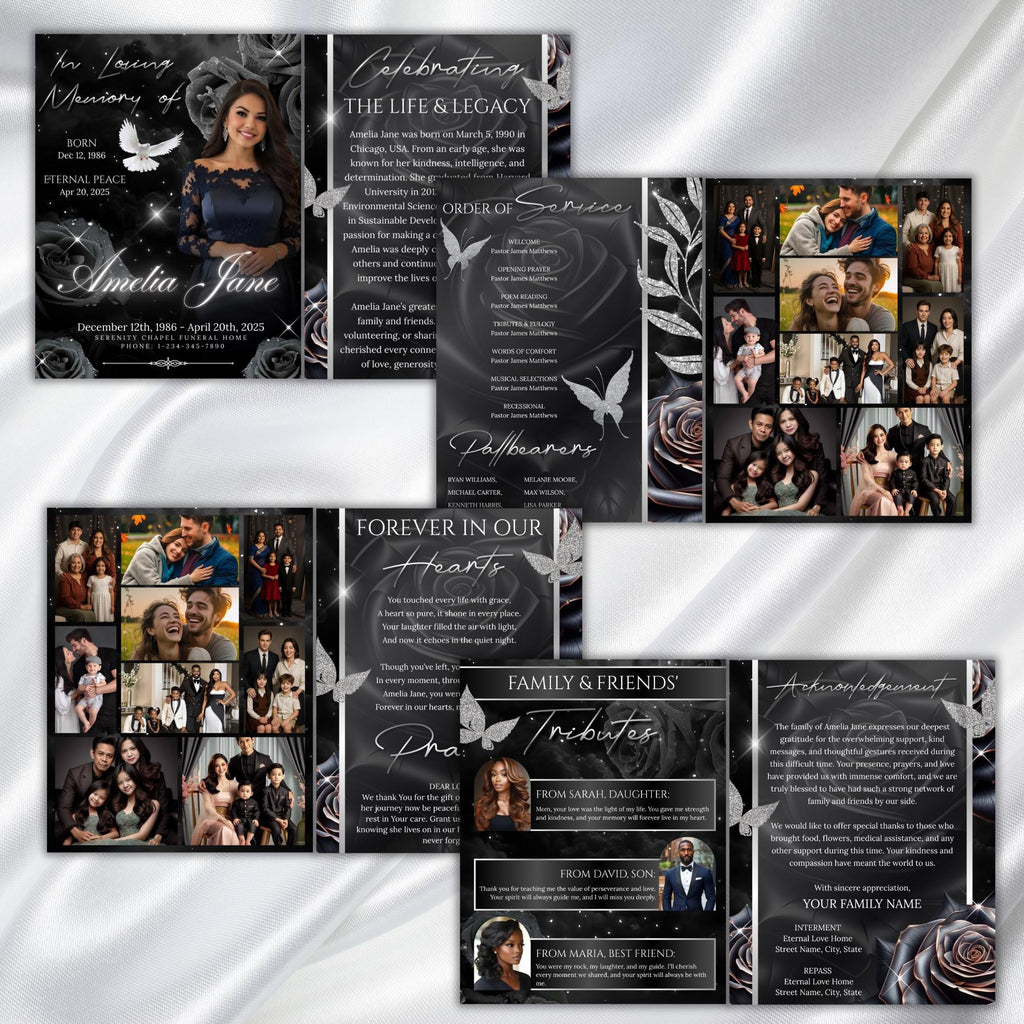 08 Pages Black Roses Funeral Program Template, Bi-Fold Funeral Program, In Loving Memory, Obituary Celebration Of Life Program - Editable Memorial Canva Template