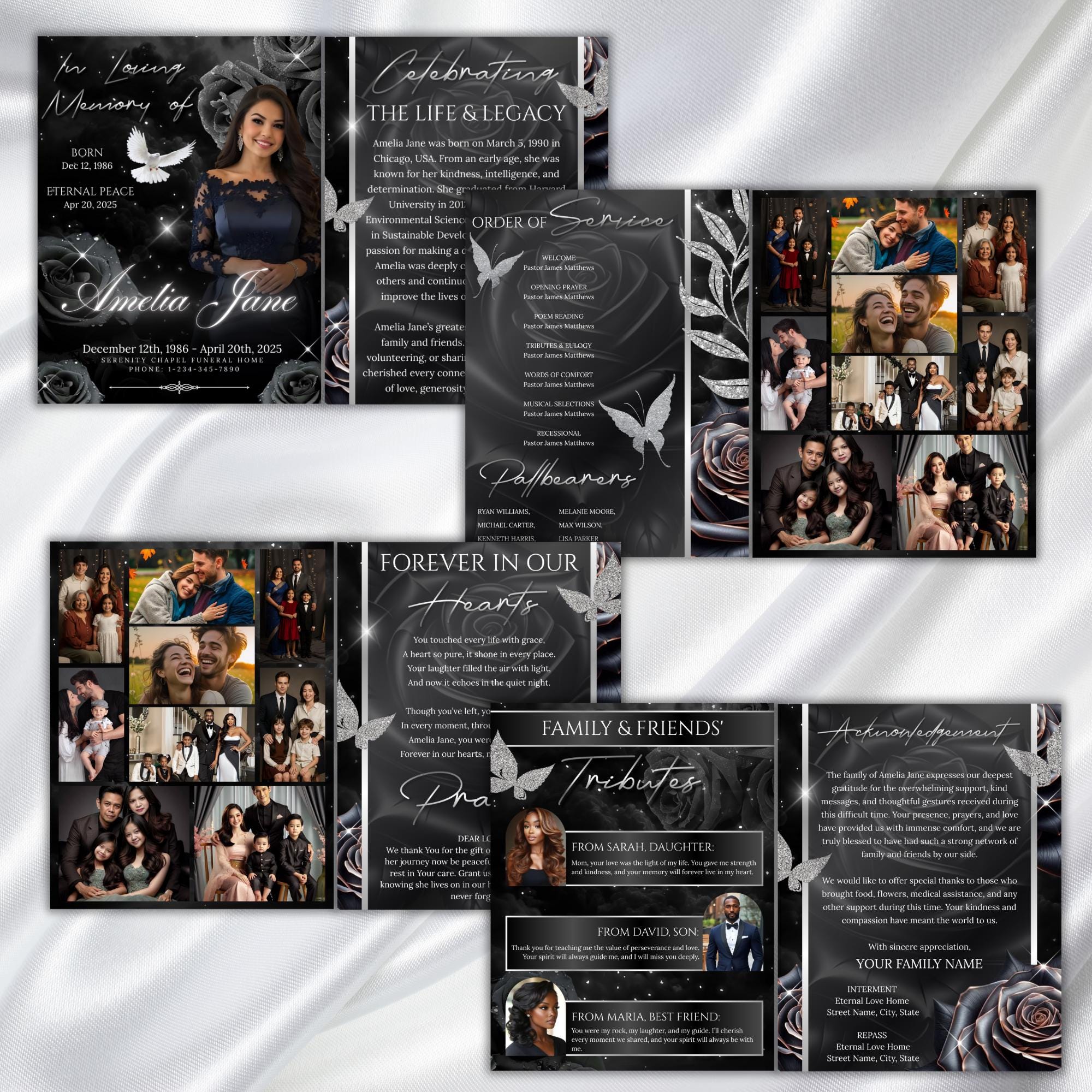 08 Pages Black Roses Funeral Program Template, Bi-Fold Funeral Program, In Loving Memory, Obituary Celebration Of Life Program - Editable Memorial Canva Template