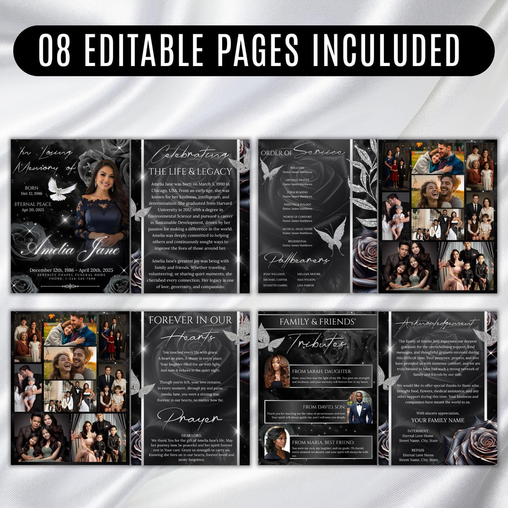 08 Pages Black Roses Funeral Program Template, Bi-Fold Funeral Program, In Loving Memory, Obituary Celebration Of Life Program - Editable Memorial Canva Template