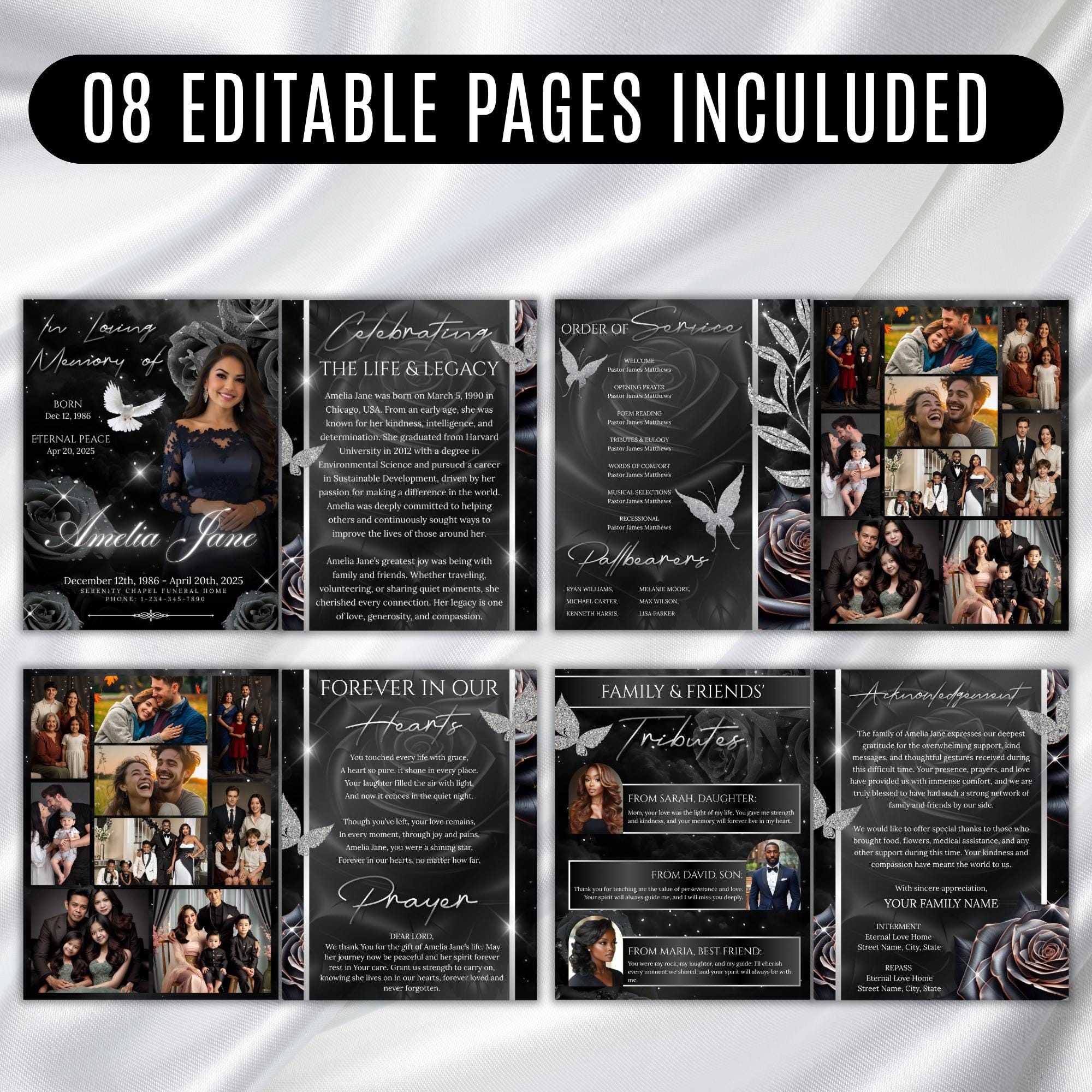 08 Pages Black Roses Funeral Program Template, Bi-Fold Funeral Program, In Loving Memory, Obituary Celebration Of Life Program - Editable Memorial Canva Template